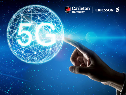 Concept design of a hand reaching out a finger to touch a 5G tech globe.