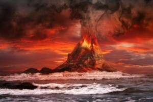 An artistic image of a volcano erupting.