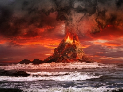 An artistic image of a volcano erupting.