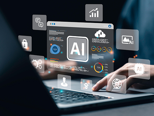 A digital art concept featuring AI tools emerging from a laptop.