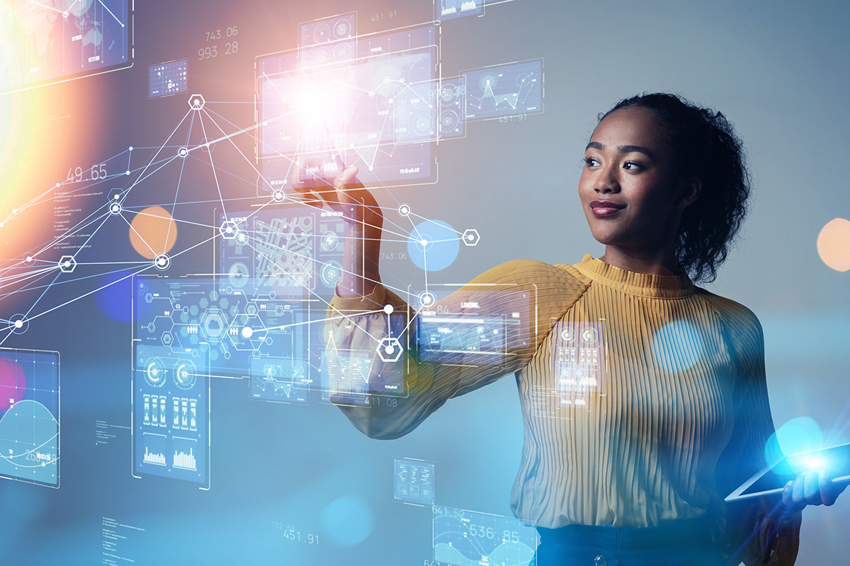 A woman interacting with AI systems.