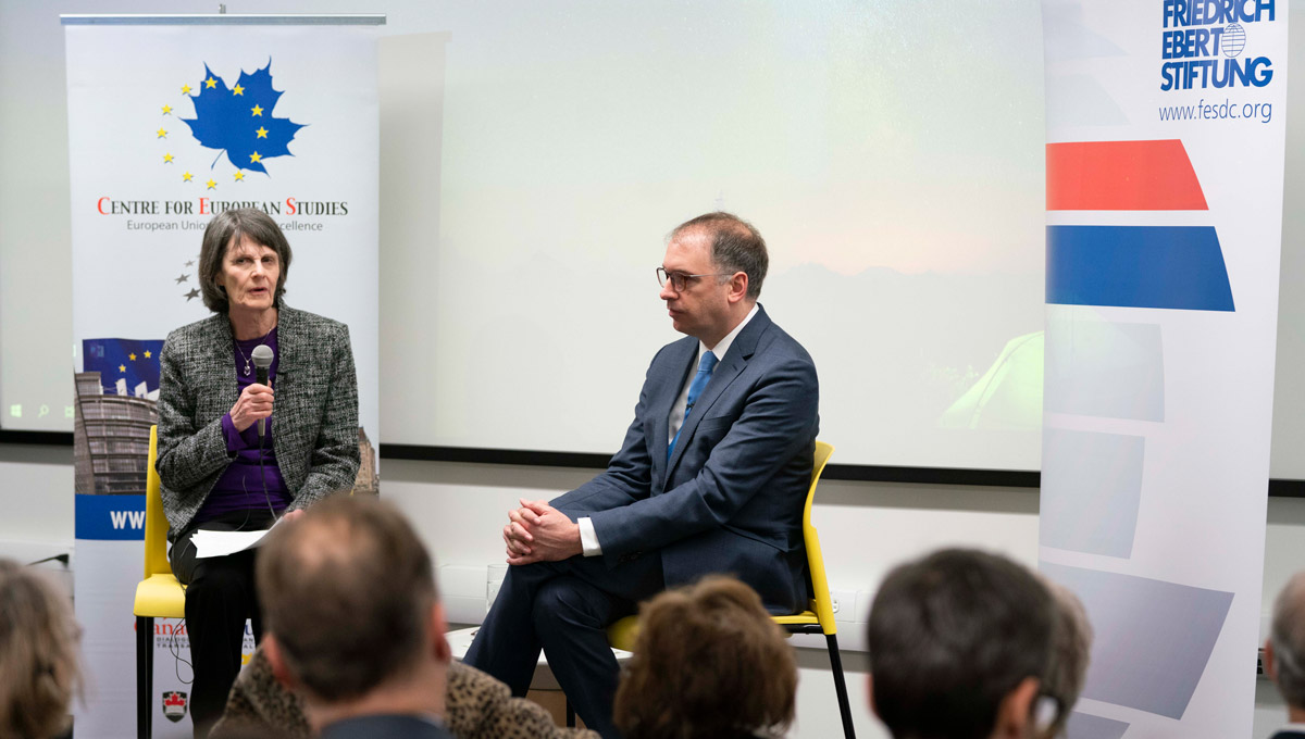 Political Science Prof. Joan DeBardeleben puts questions to Niels Annen during Beyond Brexit: The Future of the European Union.