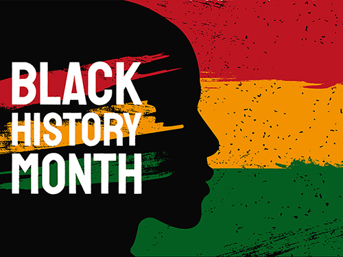 Red, Yellow,and Green banner with a silhouette of a side profile and the words 'Black History Month'