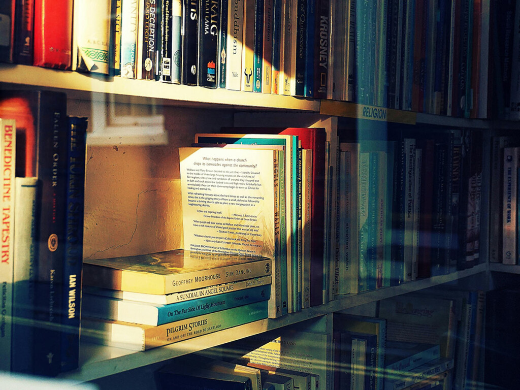 A large bookshelf filled with books