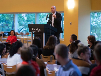 Attendees of the Carleton Community Breakfast listen to an address by President Bacon.