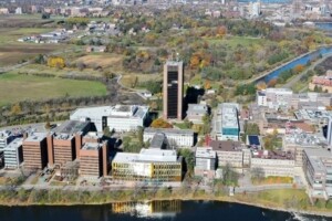 An aerial photo of campus.