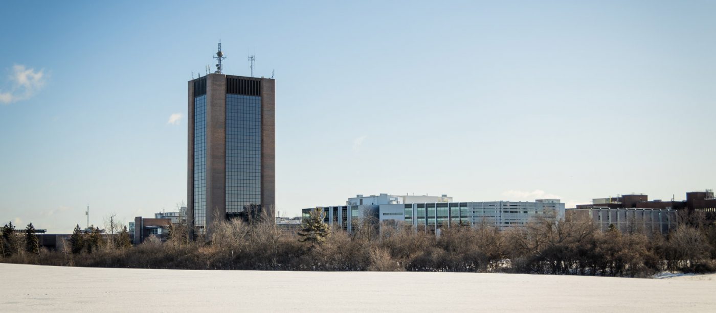 A view of campus and Dunton Tower during a winter day.