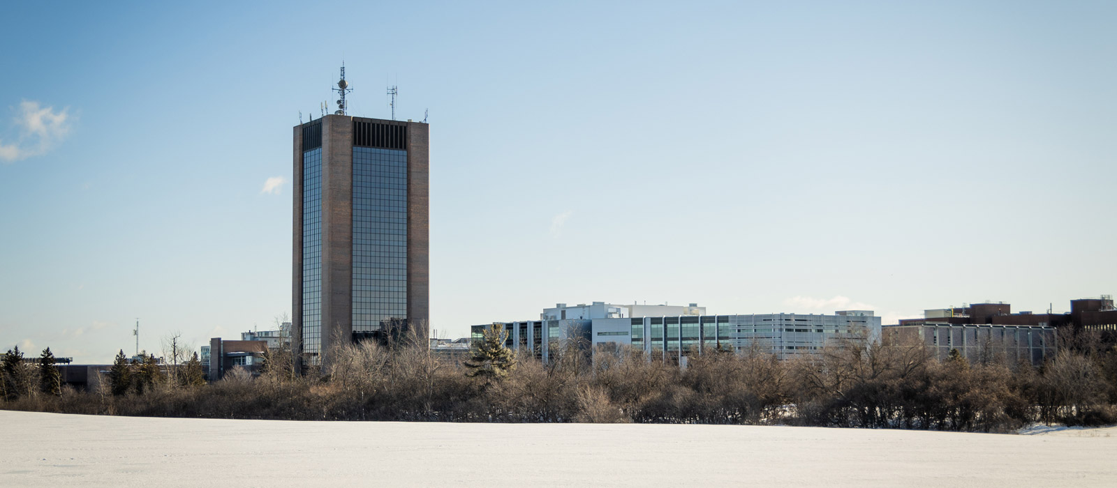 A view of campus and Dunton Tower during a winter day.