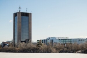 A view of campus and Dunton Tower during a winter day.