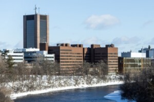 The south end of campus next to the Rideau River during winter.