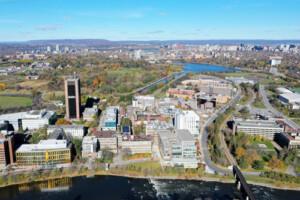 Aerial view of Carleton University's campus and the Rideau River