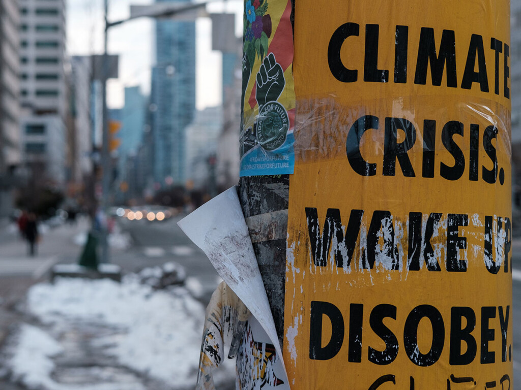 Climate change activism posters on a light pole.