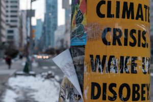 Climate change activism posters on a light pole.