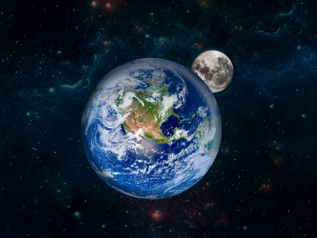 Planet earth with the moon in the distance.