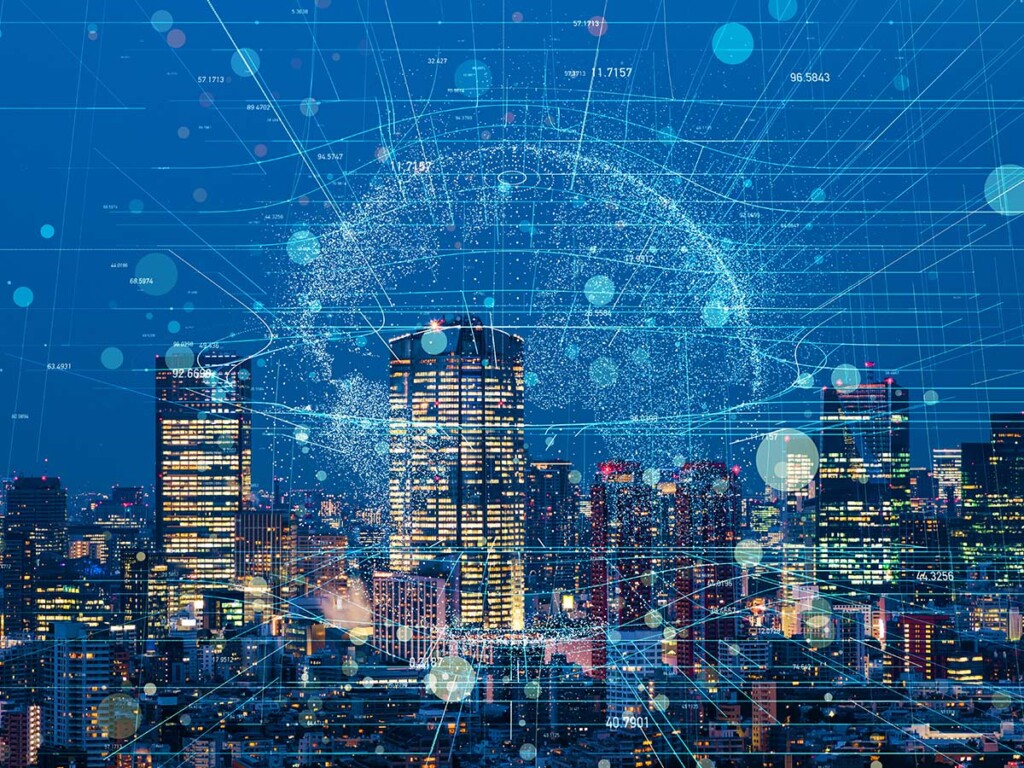 Digital art concept of a city being cyberattacked