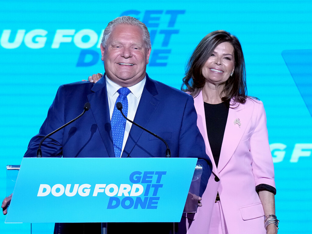 Ontario Premier Doug Ford is joined on stage by his wife Karla at a victory party for his Progressive Conservatives