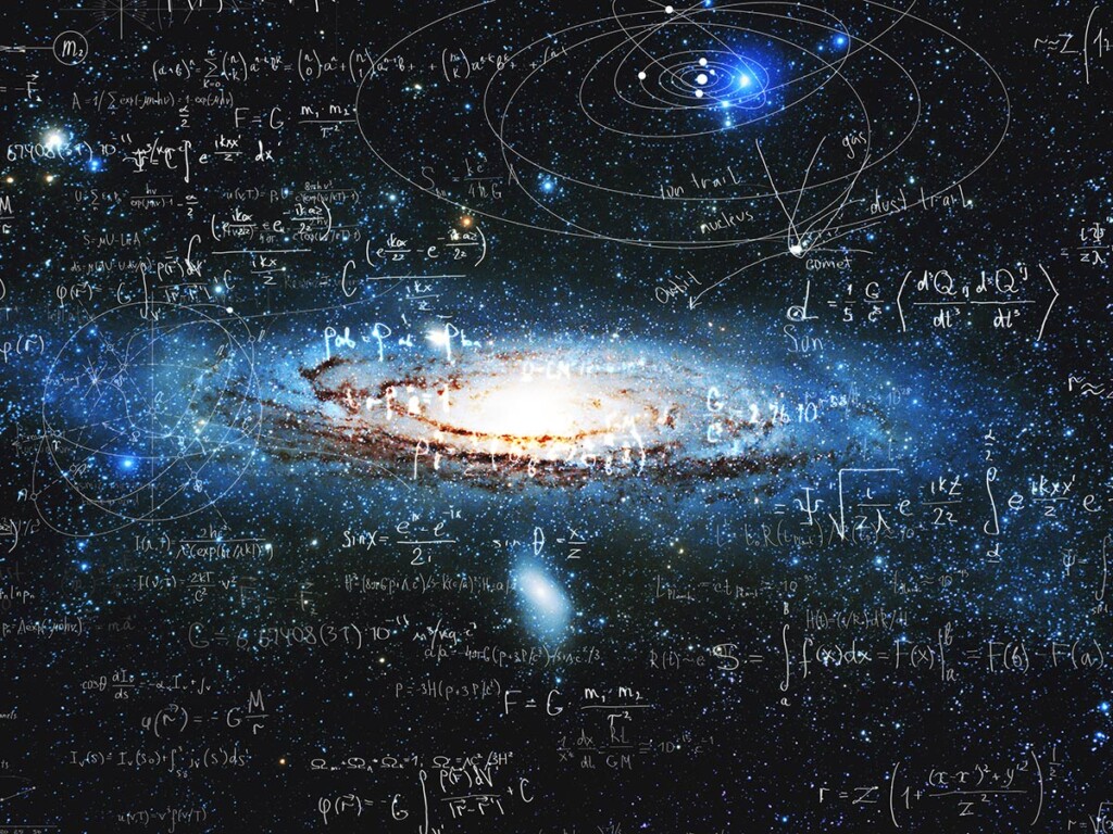A universe without mathematics - math equations written on top of a photo of the universe (Shutterstock)