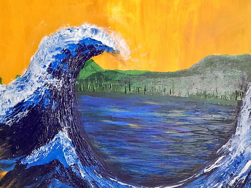 A painting of a wave with an orange background.