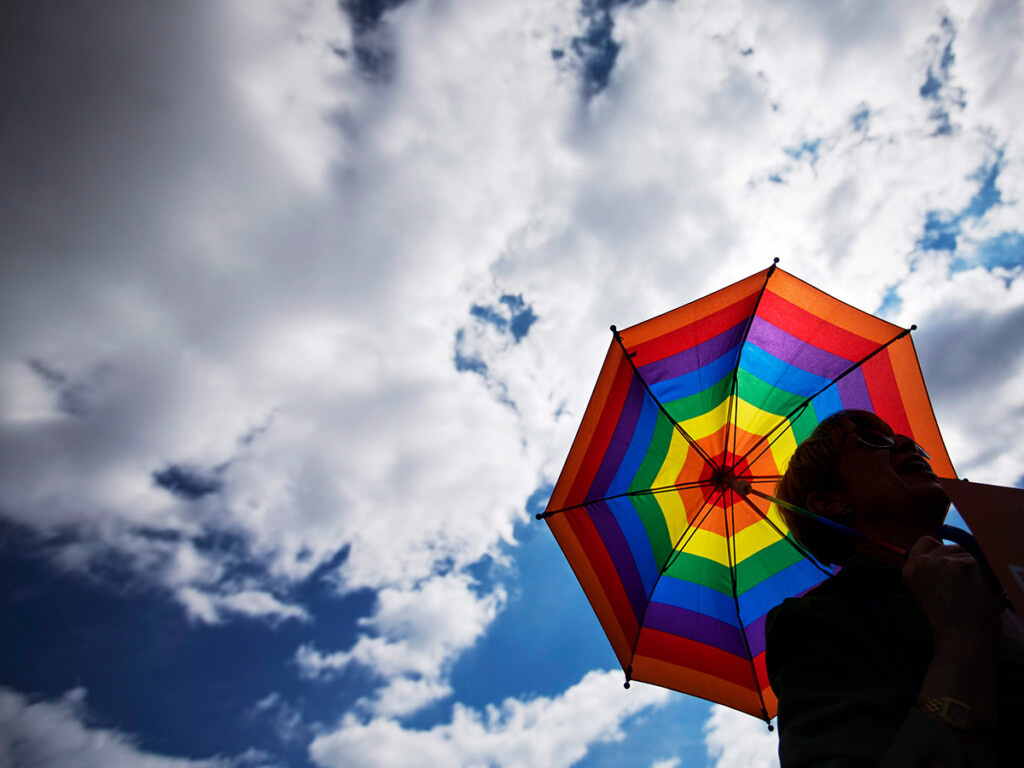 A woman at a protest holds a rainbow coloured umbrella. (AP Photo file photo/David Goldman)