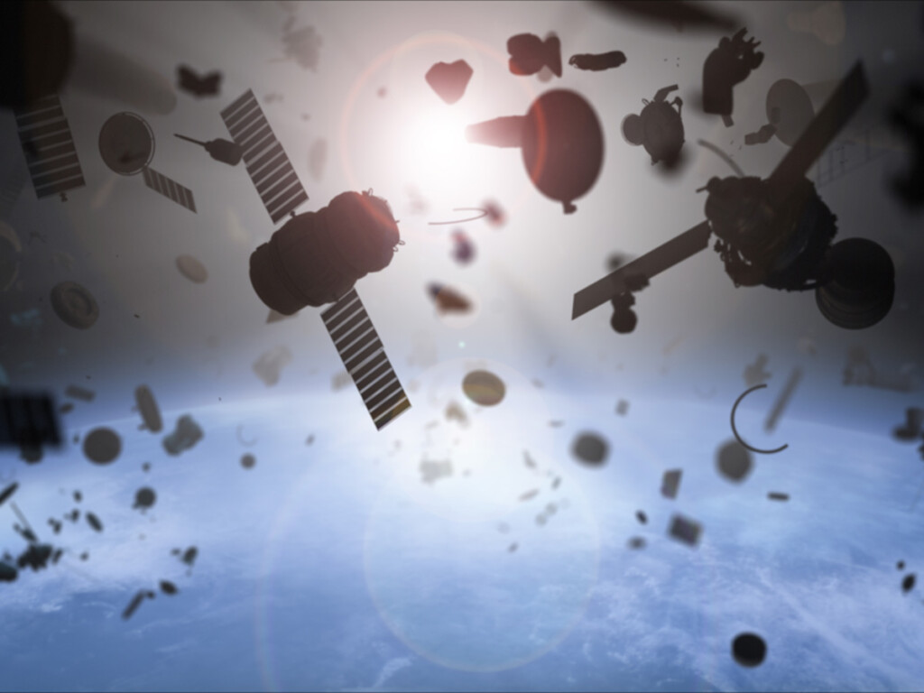 Space debris surrounds a satellite