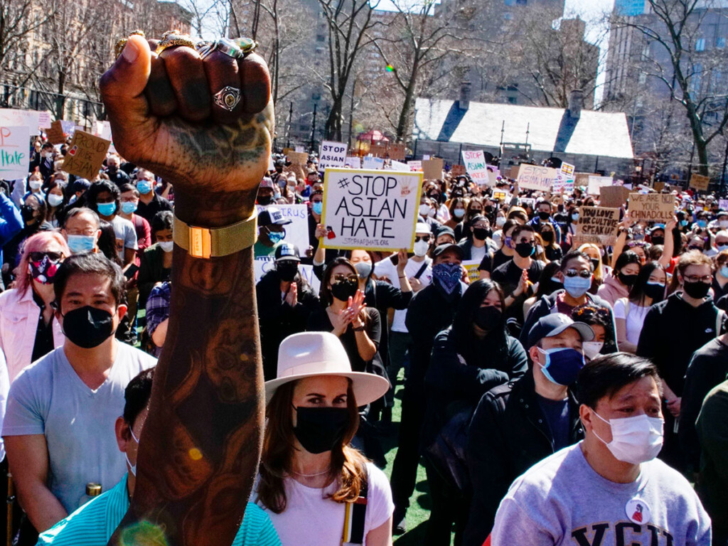 People take part in a rally against hate and confront the rising violence against Asian Americans at Columbus Park in New York, on March 21, 2021. (AP Photo/Eduardo Munoz Alvarez)