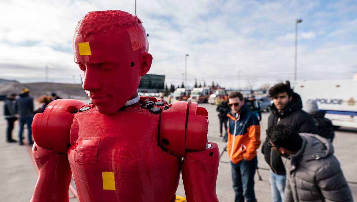 A close up of the dummy, while the Carleton University Crash Dummy team sets up a rear-end collision test between a motor vehicle and cyclist in co-ordination with the Ottawa Police Service Collision Investigation Unit on Friday, March 29, 2019, at the Canadian Tire Centre.
