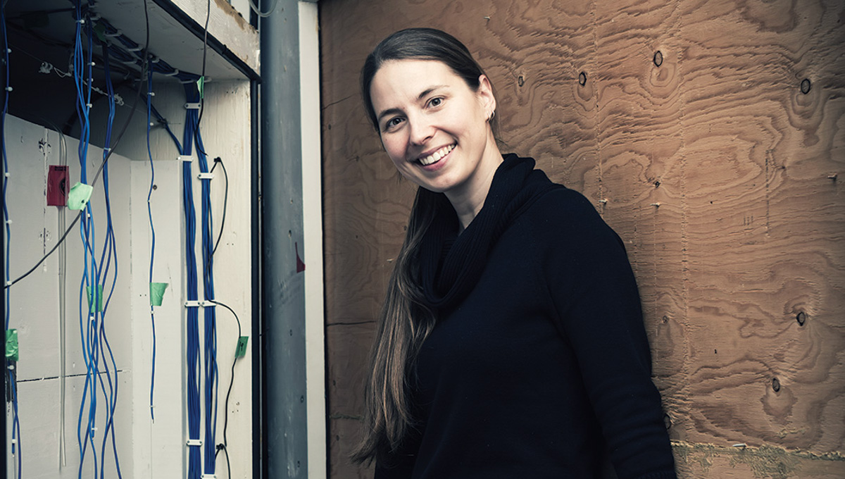 Prof. Cynthia Cruickshank poses in her building materials lab.