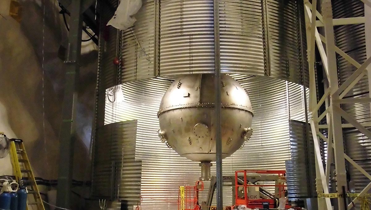A large piece of equipment used for researching dark matter, in the SNOLAB facility.