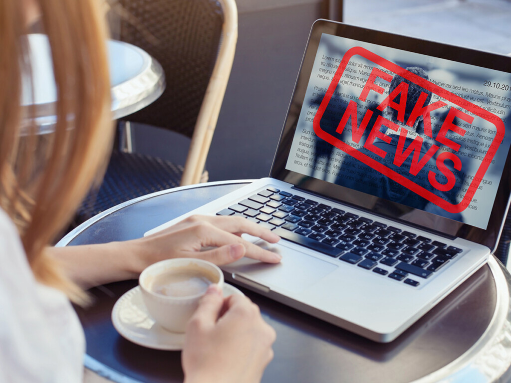 A woman using a laptop with the words Fake News on the screen