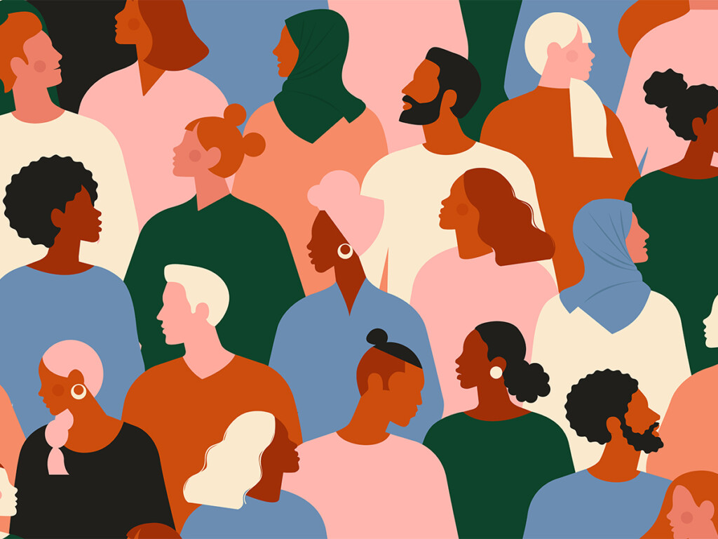 Crowd of young and elderly men and women in trendy hipster clothes.