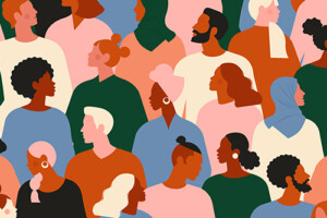 A cartoon collage of a diverse group of people