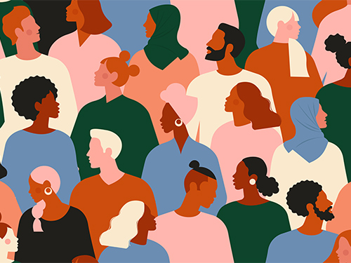 A cartoon collage of a diverse group of people