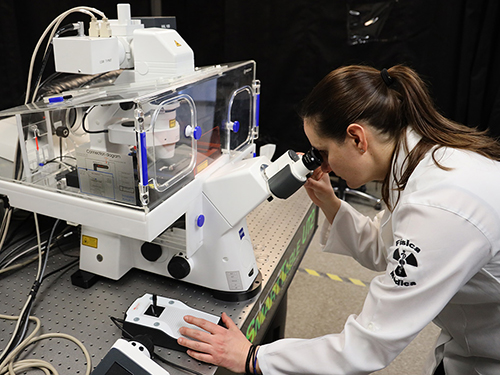 A scientist peers into the lens of a high-powered microscope