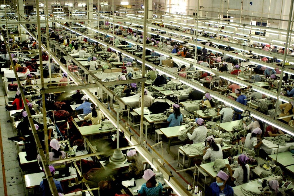 An overhead view of a clothing factory.