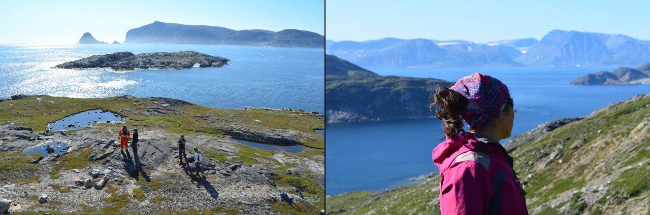 A composite image of a body of water with hills surrounding it. In one of the images, a profile view of a young woman can be seen looking out onto a lake.