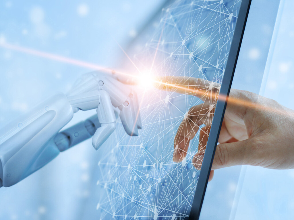 Hands of robot and human touching on global virtual network connection future interface