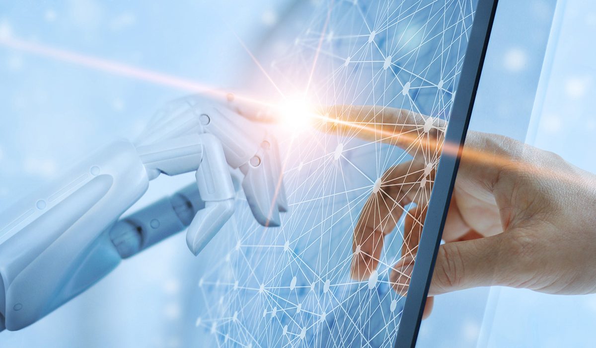Hands of robot and human touching on global virtual network connection future interface