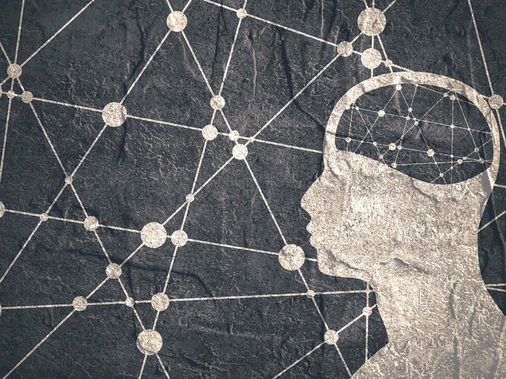 Silhouette of a man's head. Mental health relative brochure, report or flyer design template. Scientific medical designs. Connected lines with dots. Grunge texture