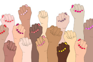 Female hands on a white background. A symbol of the feminist movement, struggle and resistance.