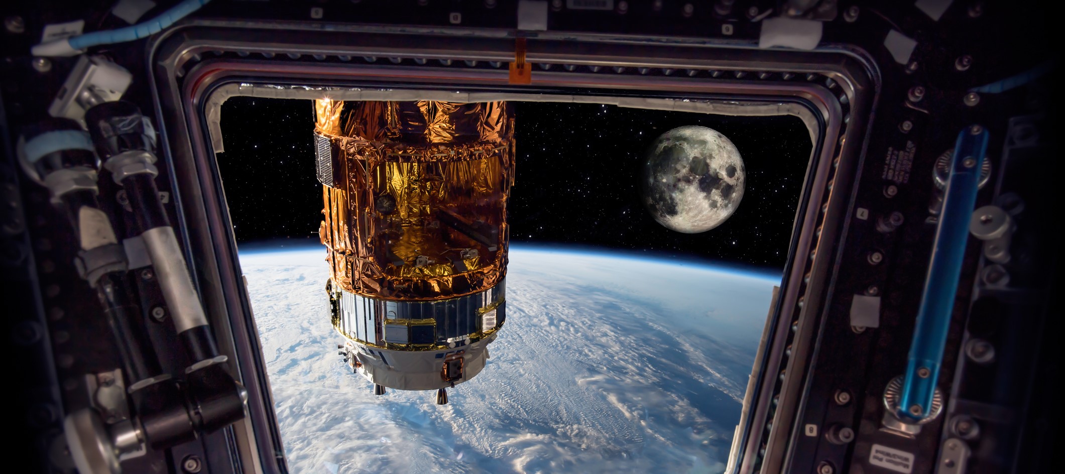 A view from inside a spaceship looking out at space