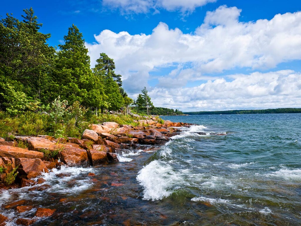 Rocky lake shore of Georgian Bay in Killbear provincial park near Parry Sound, Ontario, Canada.