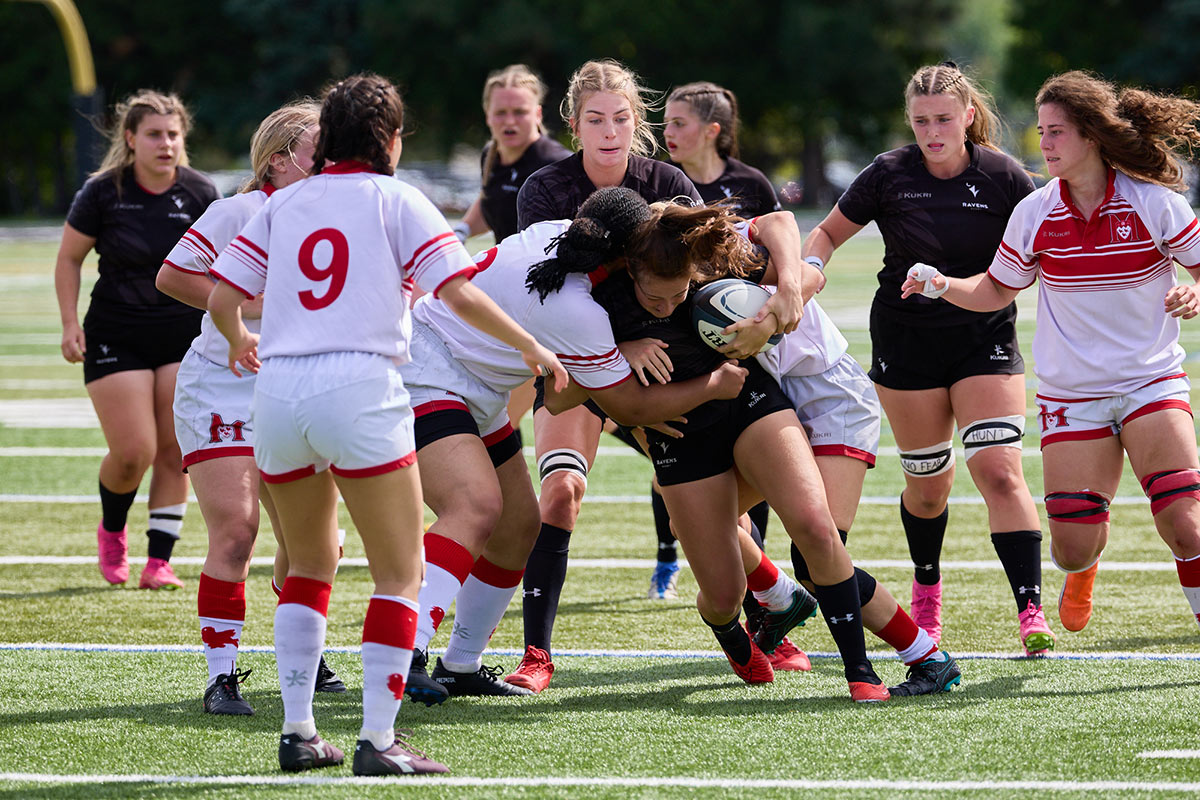A rugby scrum during a game.