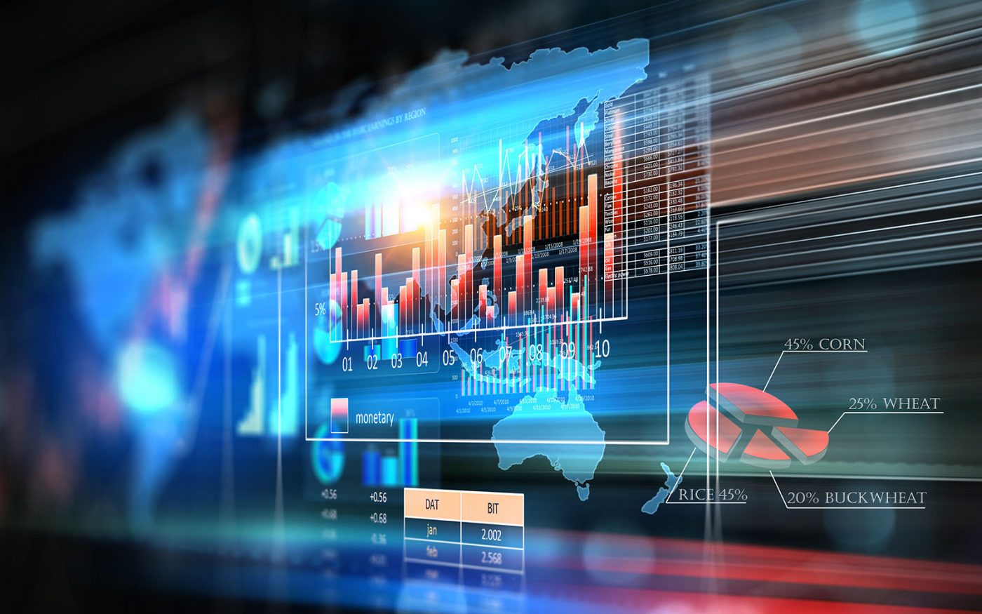 A design concept featuring elements of the finance world including charts and a world map.