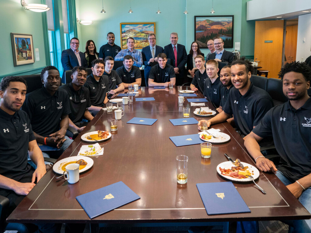 Carleton's men's basketball champions were celebrated at City Hall for their 14th U Sports win in March 2019.