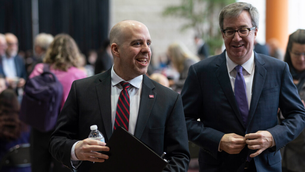 President Benoit-Antoine Bacon meets Jim Watson before his speech at the Mayor’s Breakfast Series at Ottawa City Hall on Feb. 12, 2019.