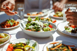 Plates of food are displayed on a table as two individuals share a meal.
