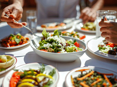 Plates of food are displayed on a table as two individuals share a meal.