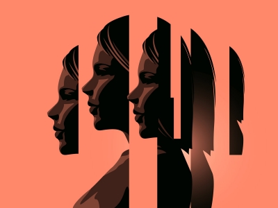 An illustration of a woman's face, copied and divided into into many different component parts on a plain background.