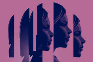 An illustration of a woman's face, copied and divided into into many different component parts on a plain background.