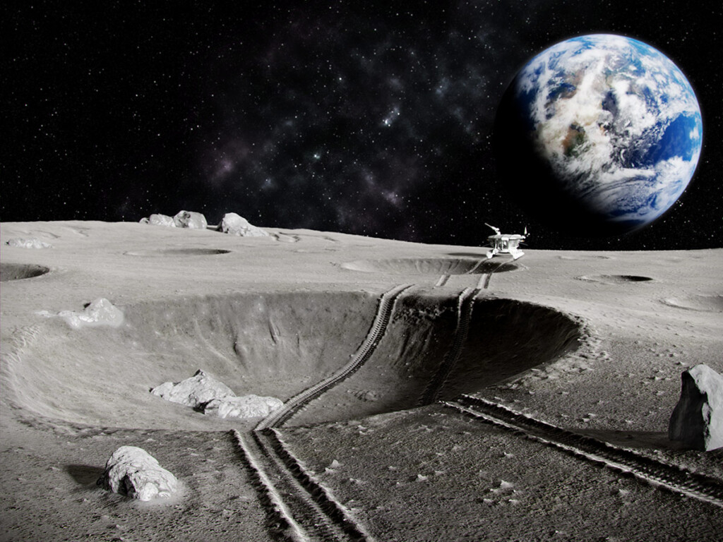 Traces of moon robotics rovering through a crater on the Moon, the planet earth in the background